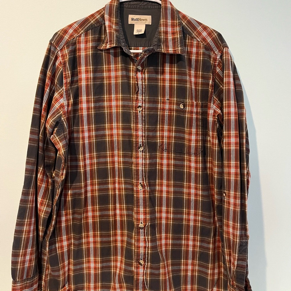 Ruff Hewn Men's Plaid Shirt Red and Brown Striped, Size Medium